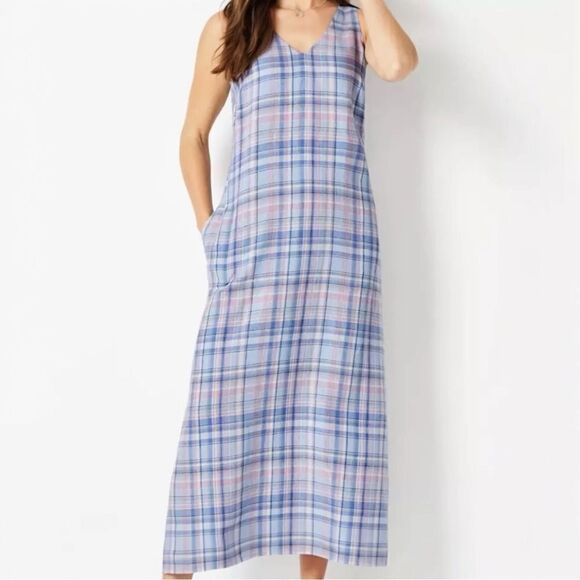 J.Jill Love Linen Plaid A-line Maxi Dress Rain Drop Blue Pink W/Pockets XS Pet - Picture 1 of 11